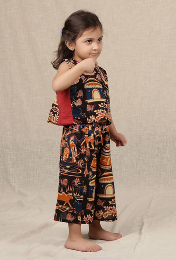 Set Of 2: Oorja Black Kalamkari Short Cotton Top & Palazzo Pant